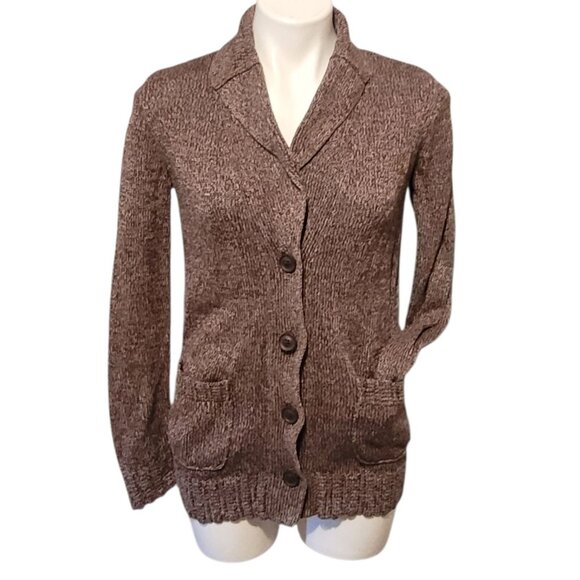 Eddie Bauer Womens M Cardigan Purple Heather Collared Pockets Cotton Knit - Picture 1 of 9